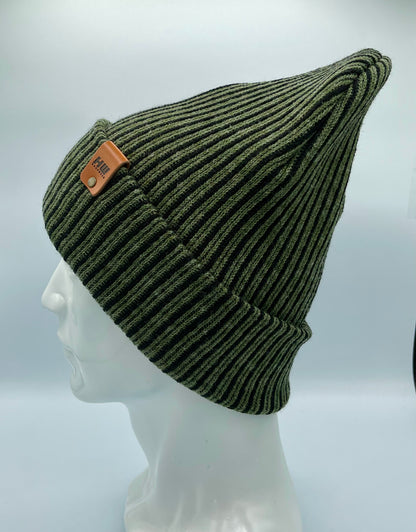 HAAKWEAR Cuffed Wide Ribbed Striped Beanie, Limited Edition, Black/Green, Made in USA