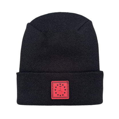 Haakwear Exclusive Love-Inspired Theta-Stitch Beanie – Limited Edition | Black Hat with Heart Clock