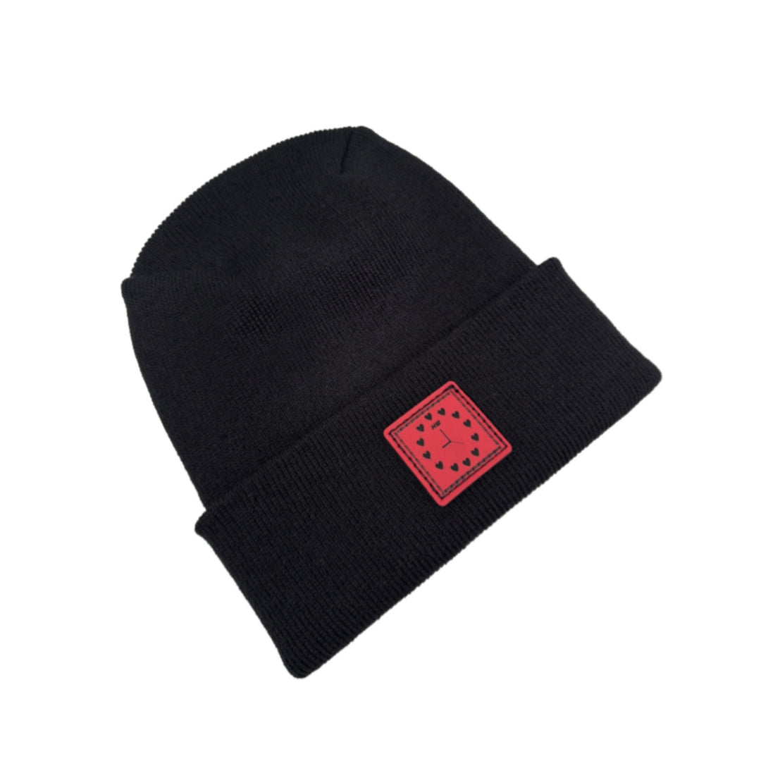 Haakwear Exclusive Love-Inspired Theta-Stitch Beanie – Limited Edition | Black Hat with Heart Clock