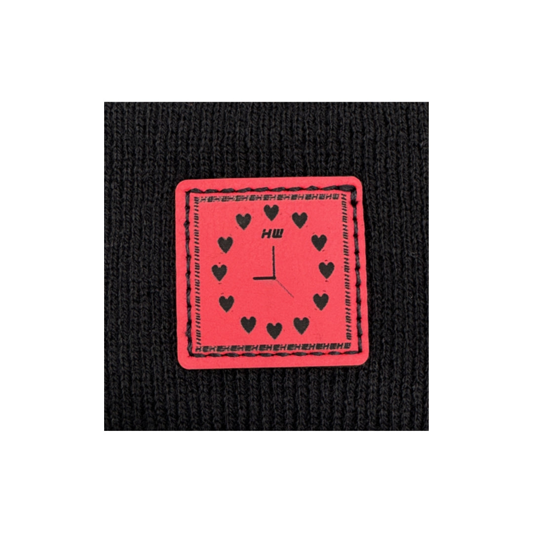 Haakwear Exclusive Love-Inspired Theta-Stitch Beanie – Limited Edition | Black Hat with Heart Clock