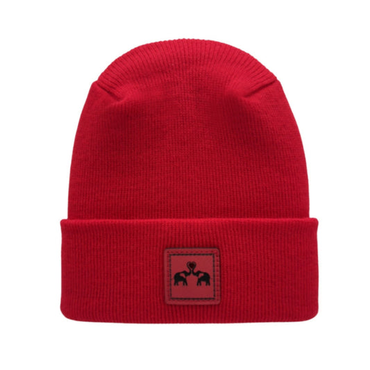 Haakwear Exclusive Love-Inspired Theta-Stitch Beanie – Limited Edition | Scarlet Red Hat with Elelove Elephants Design