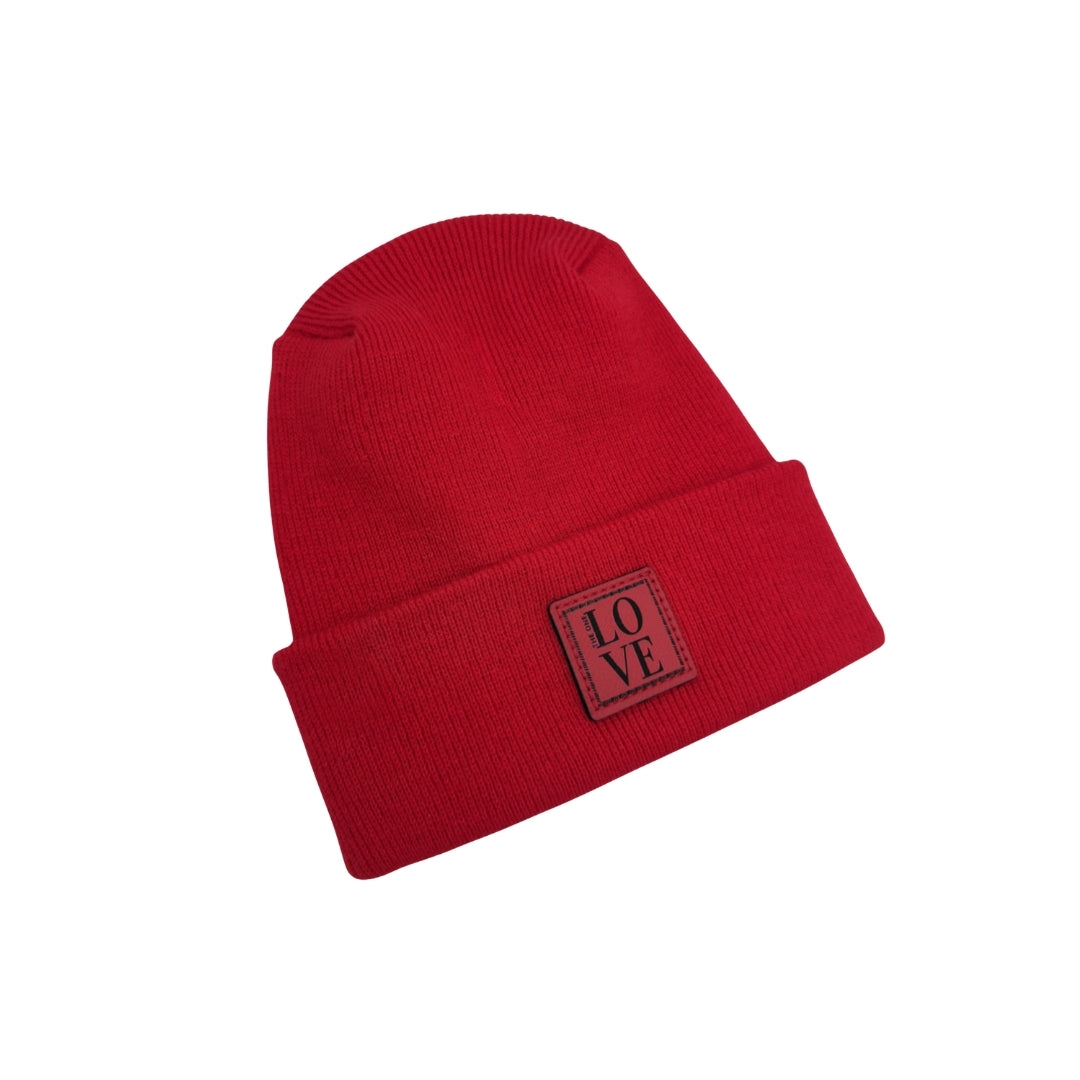 Haakwear Exclusive Love-Inspired Theta-Stitch Beanie – Limited Edition | Scarlet Red Hat with The One Love Design