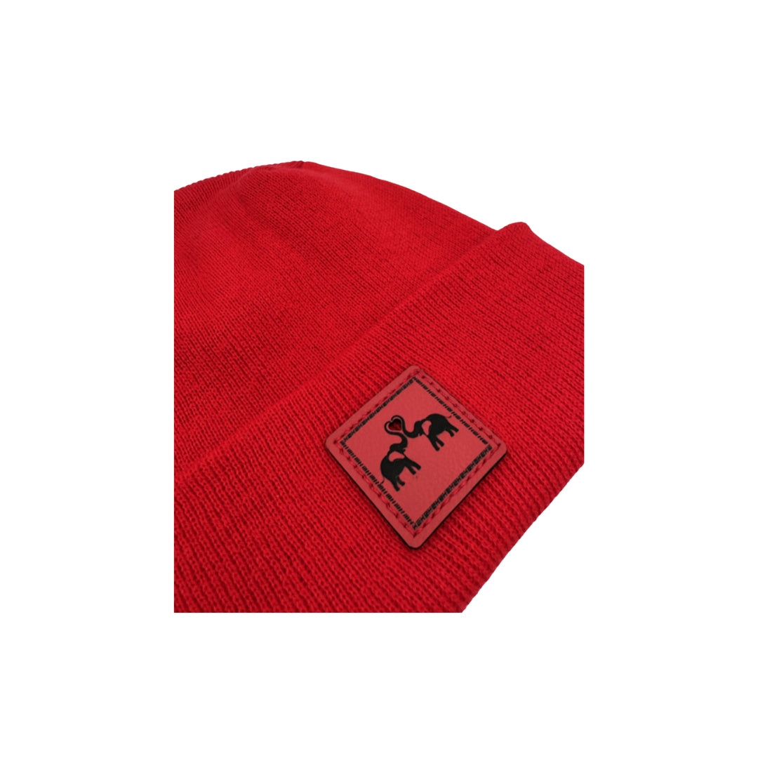 Haakwear Exclusive Love-Inspired Theta-Stitch Beanie – Limited Edition | Scarlet Red Hat with Elelove Elephants Design