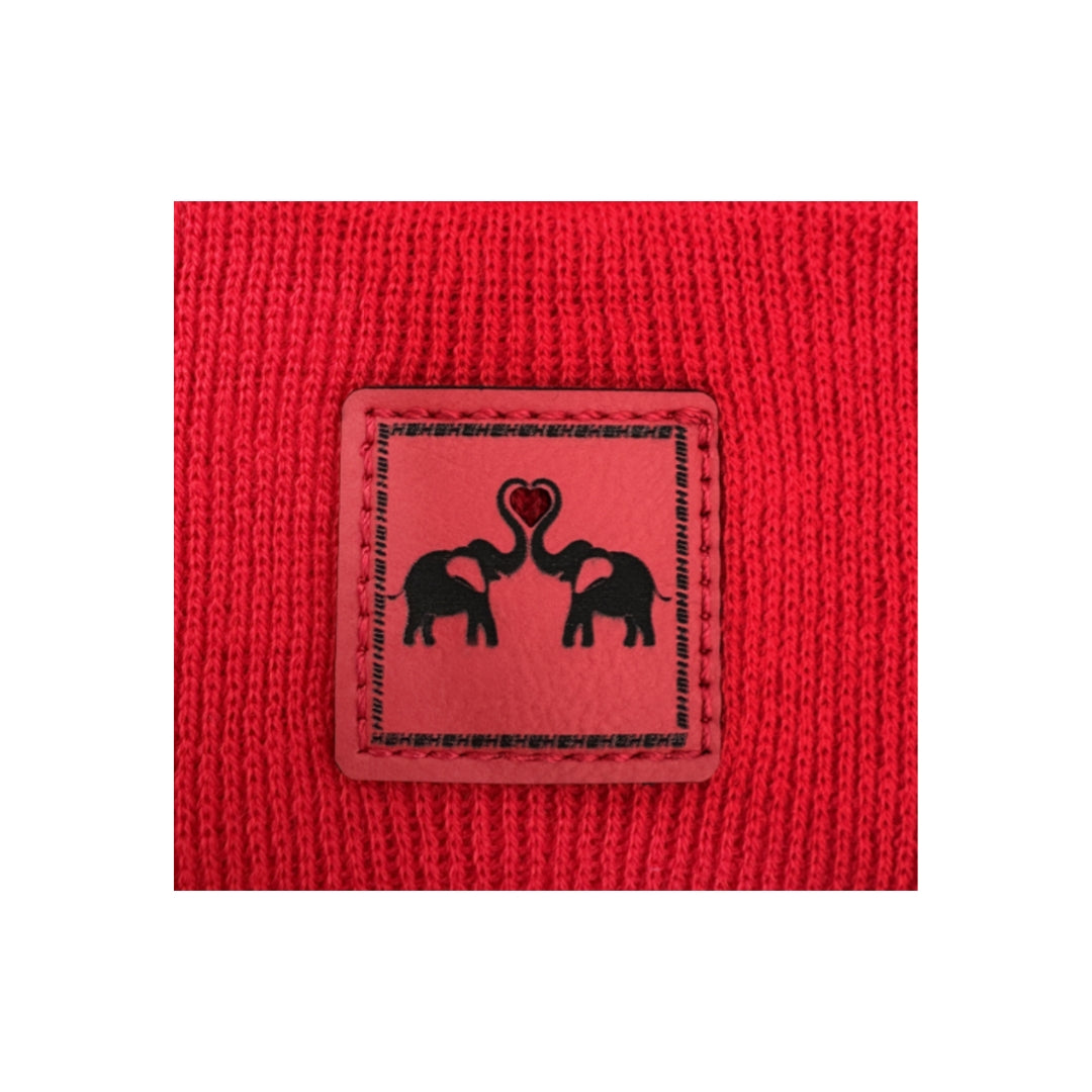 Haakwear Exclusive Love-Inspired Theta-Stitch Beanie – Limited Edition | Scarlet Red Hat with Elelove Elephants Design