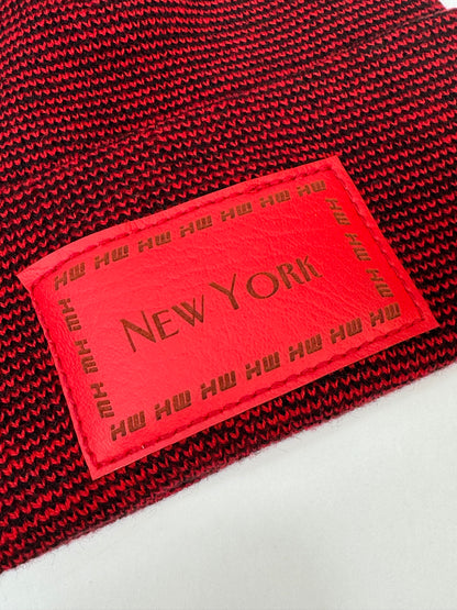 HW New York Traditional Fusion Cuffed Beanie - Red / Black Hat, Made in USA (Limited Edition)