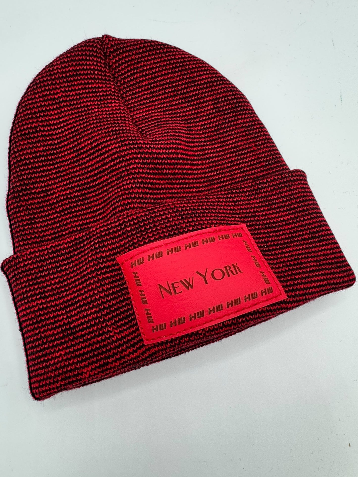 HW New York Traditional Fusion Cuffed Beanie - Red / Black Hat, Made in USA (Limited Edition)