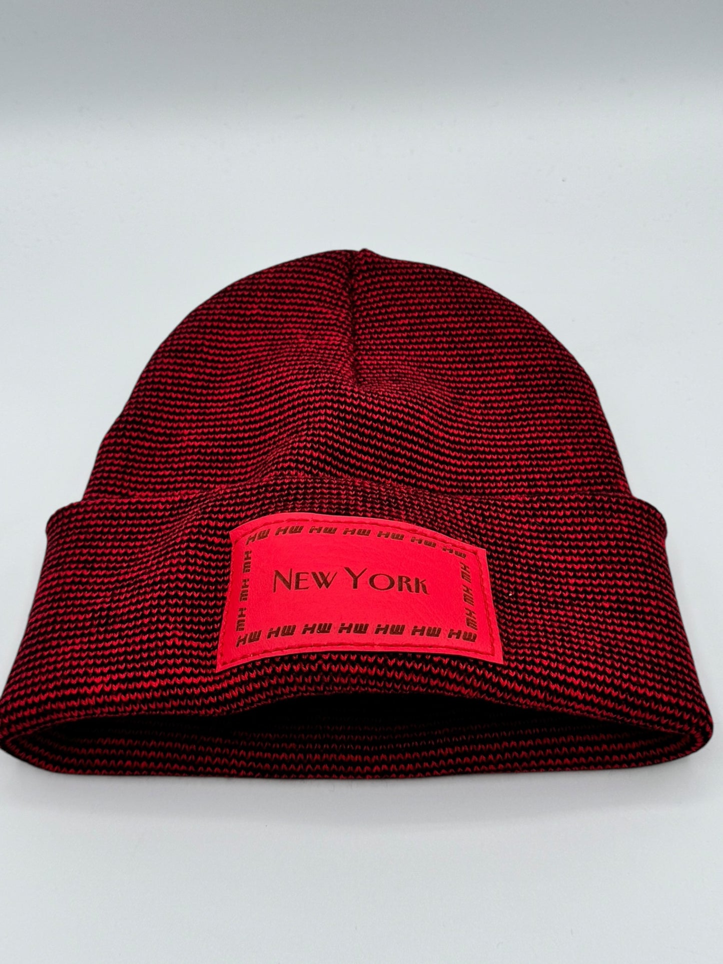 HW New York Traditional Fusion Cuffed Beanie - Red / Black Hat, Made in USA (Limited Edition)